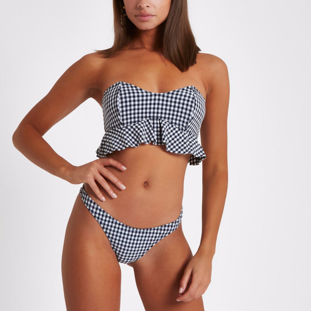 Black gingham peplum bandeau bikini top