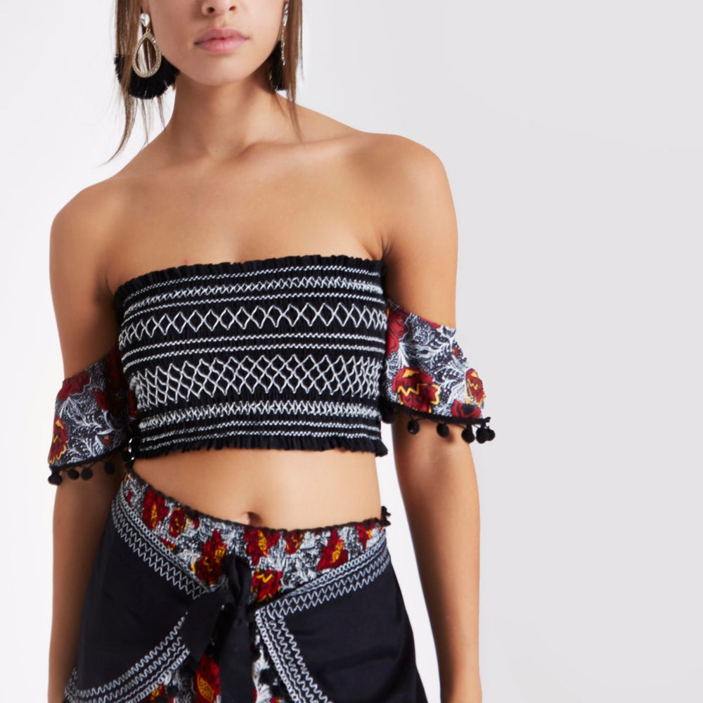 Black floral shirred insert bikini bottoms